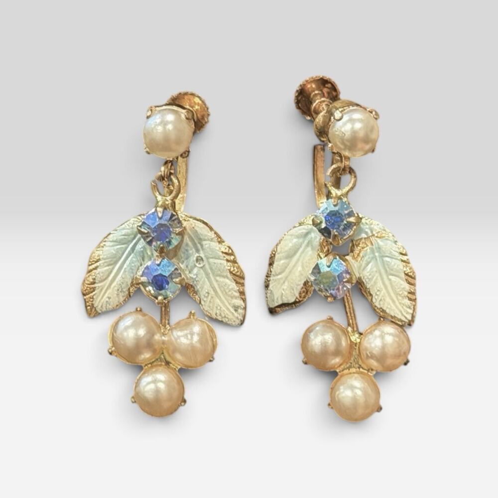 Vintage Austria AB Rhinestone Faux Pearl Enamel Leaf Screw Back Dangle Earrings